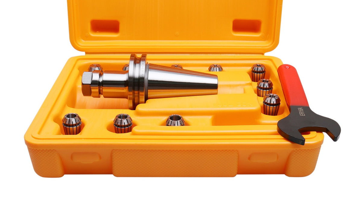 1/32" to 3/8" 10 Pc ER16 Collets + CAT40 Shank + Wrench in Fitted Strong Box, #CT40-ER16