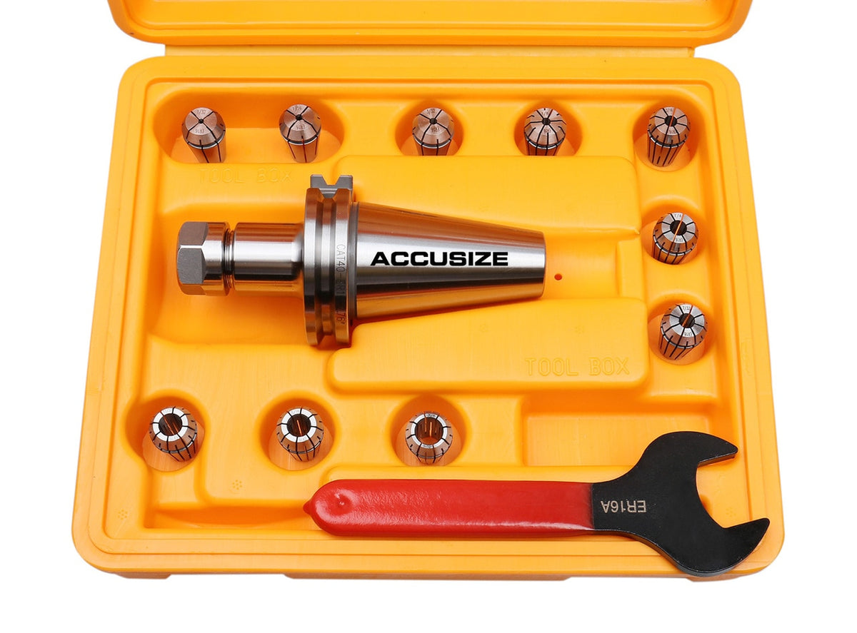 1/32" to 3/8" 10 Pc ER16 Collets + CAT40 Shank + Wrench in Fitted Strong Box, #CT40-ER16