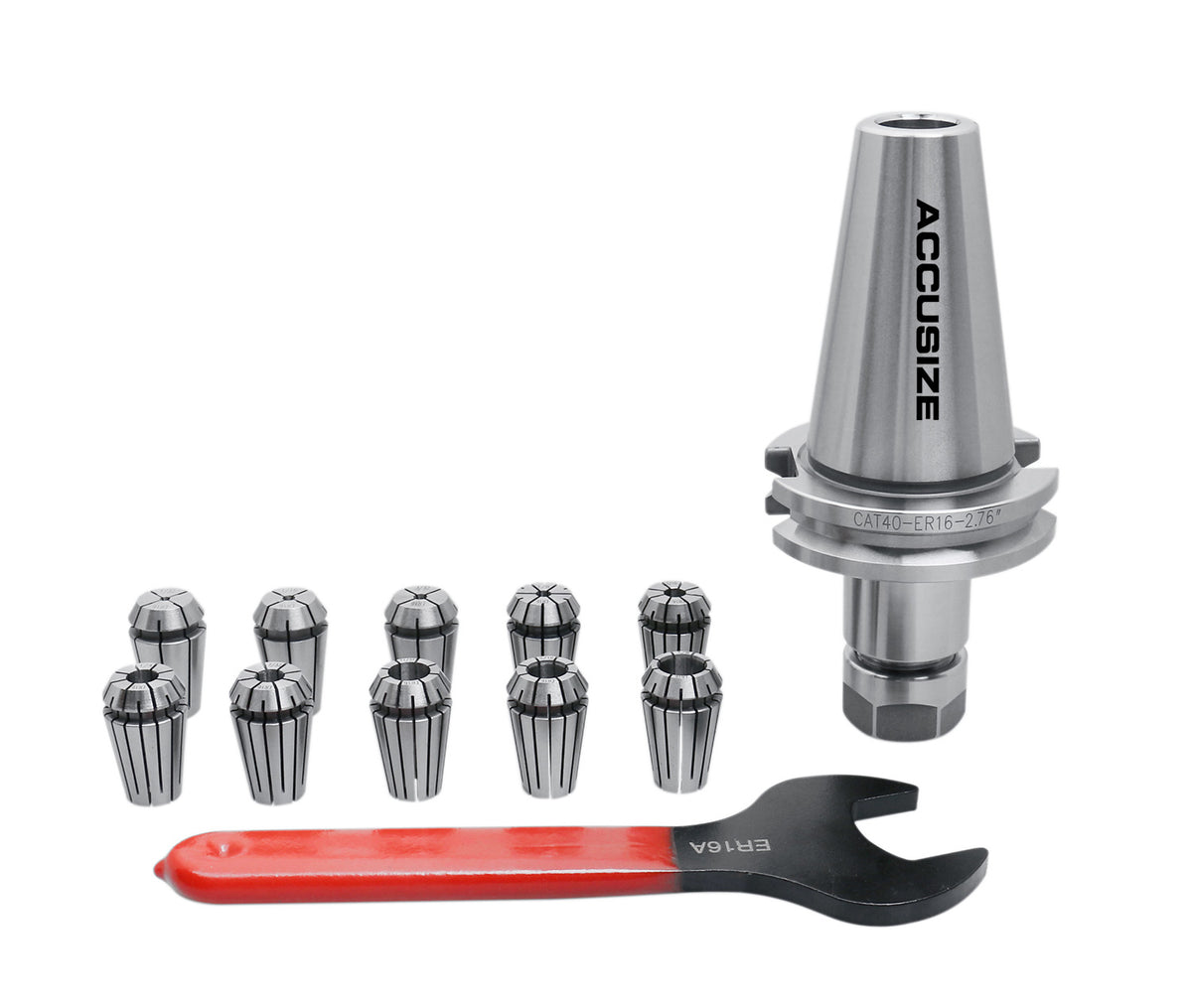 1/32" to 3/8" 10 Pc ER16 Collets + CAT40 Shank + Wrench in Fitted Strong Box, #CT40-ER16