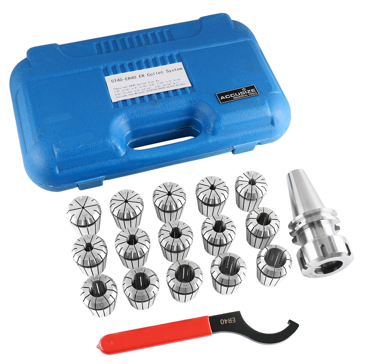 Cat40 Shank and 15 Pc Er40 Collet Set with Wrench in Fitted Strong Box, 1/8 to 1 inch, Ct40-Er40