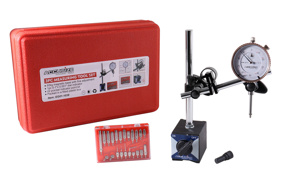 3 Pc Set, 110 Lb Capacity Magnetic Base, 0-1'' by 0.001'' Dial Indicator and 22 Ps Indicator Point Kit, Eg01-1039