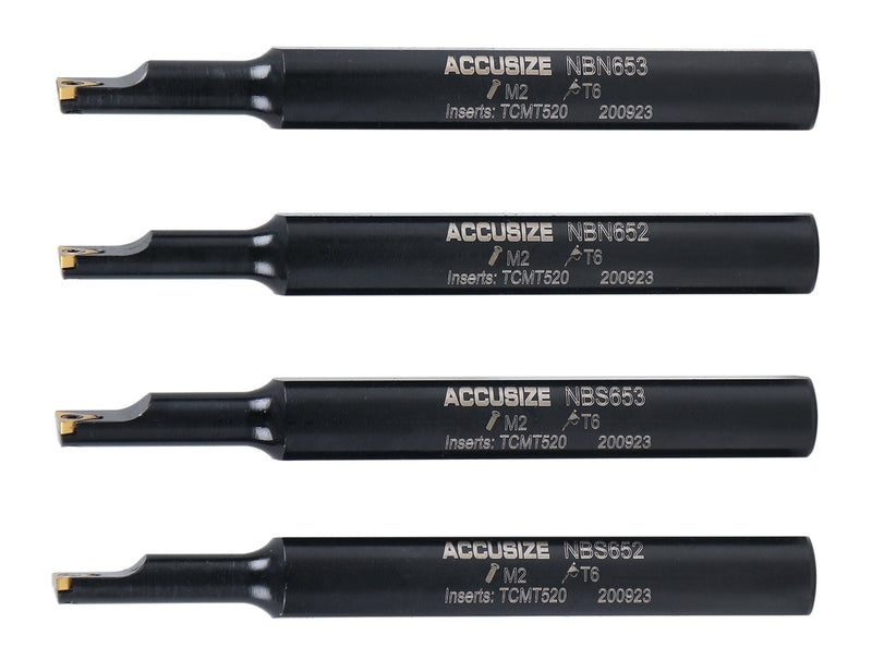 4pc Indexable Mini Boring Bar Set, 95° & 91° Entry Angle, Carbide TiN Coated TCMT520 Inserts, EJ99-2178