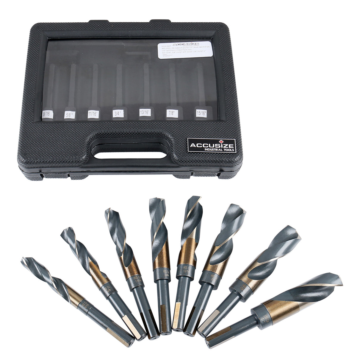 M35 (H.S.S.+5% Cobalt) 1/2" Shank and Drill - 9/16" to 1", Set of 8 Pieces, H516-6507