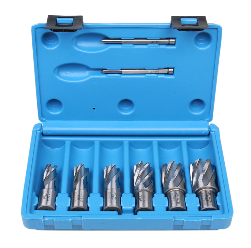 Accusize Industrial Tools 8 Pcs Hss Annular Cutter Set - 1'' Cutting Depth, 9/16'' to 1-1/16'', with Weldon Shank, Hcs3-0000