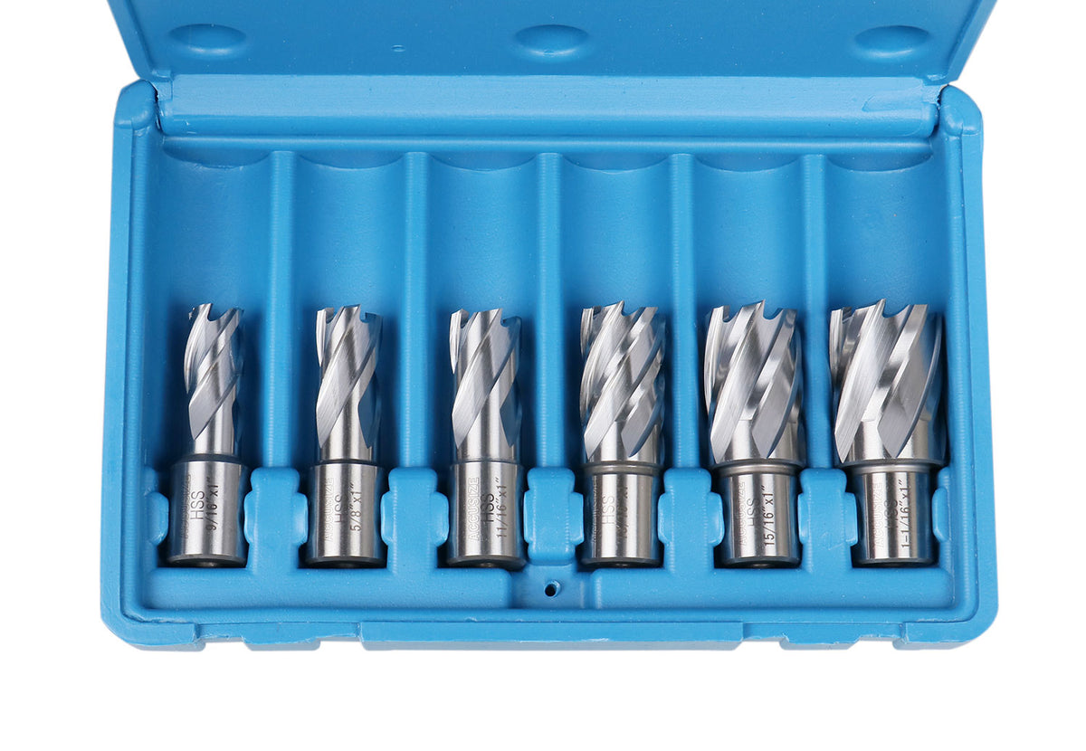 Accusize Industrial Tools 8 Pcs Hss Annular Cutter Set - 1'' Cutting Depth, 9/16'' to 1-1/16'', with Weldon Shank, Hcs3-0000