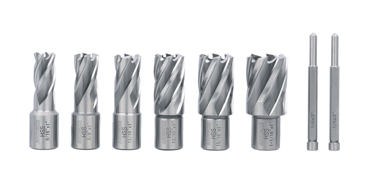Accusize Industrial Tools 8 Pcs Hss Annular Cutter Set - 1'' Cutting Depth, 9/16'' to 1-1/16'', with Weldon Shank, Hcs3-0000