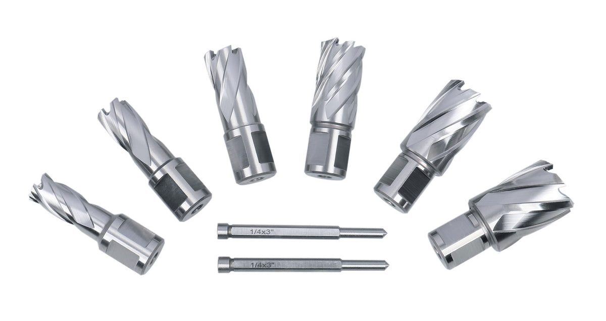 Accusize Industrial Tools 8 Pcs Hss Annular Cutter Set - 1'' Cutting Depth, 9/16'' to 1-1/16'', with Weldon Shank, Hcs3-0000