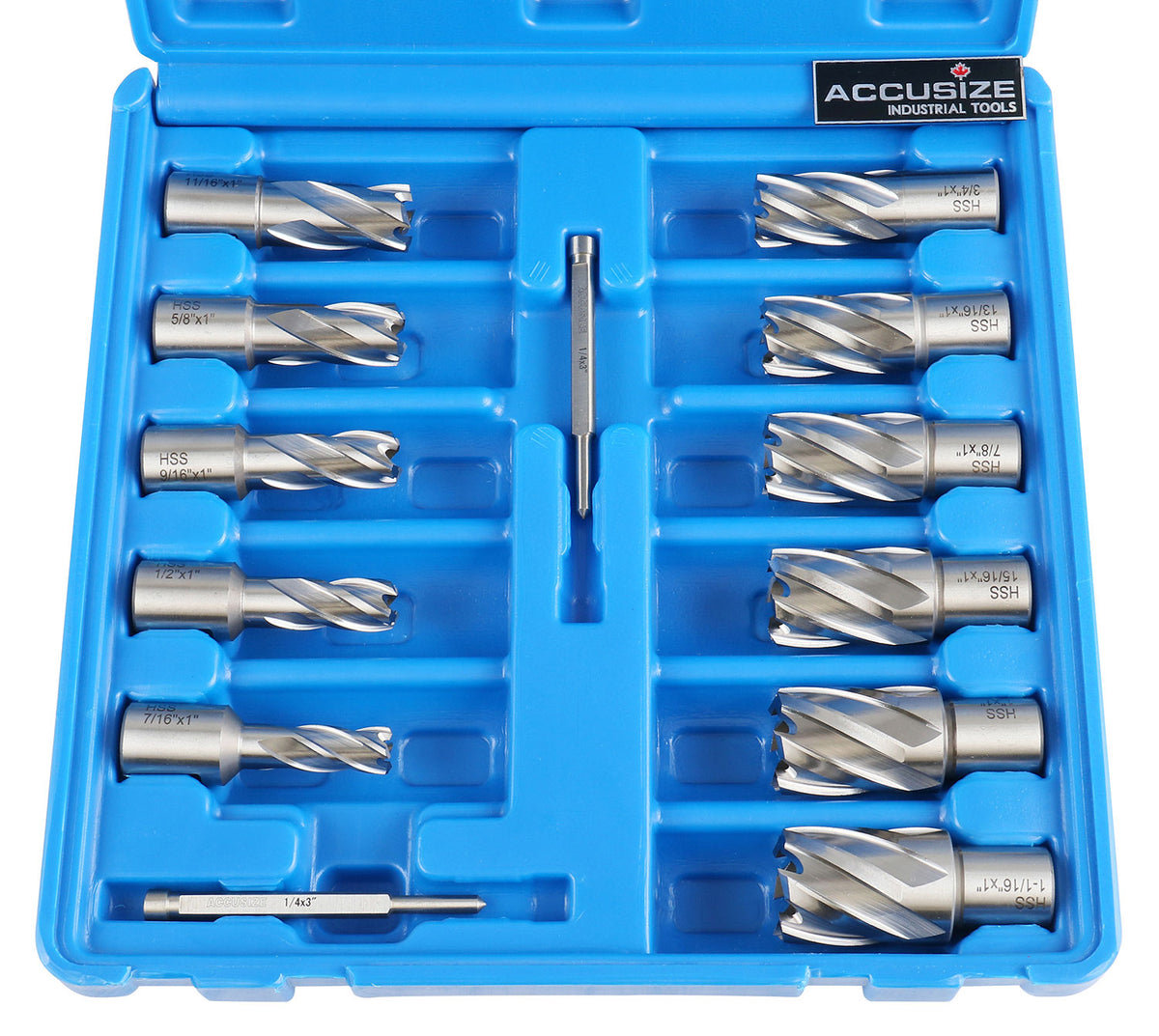 13 Pc 7/16'' to 1-1/16'' Hss Annular Cutters, 1'' Cutting Depth, 3/4'' Weldon Shank, with 2 Pilot Pins, Strong Box, N10