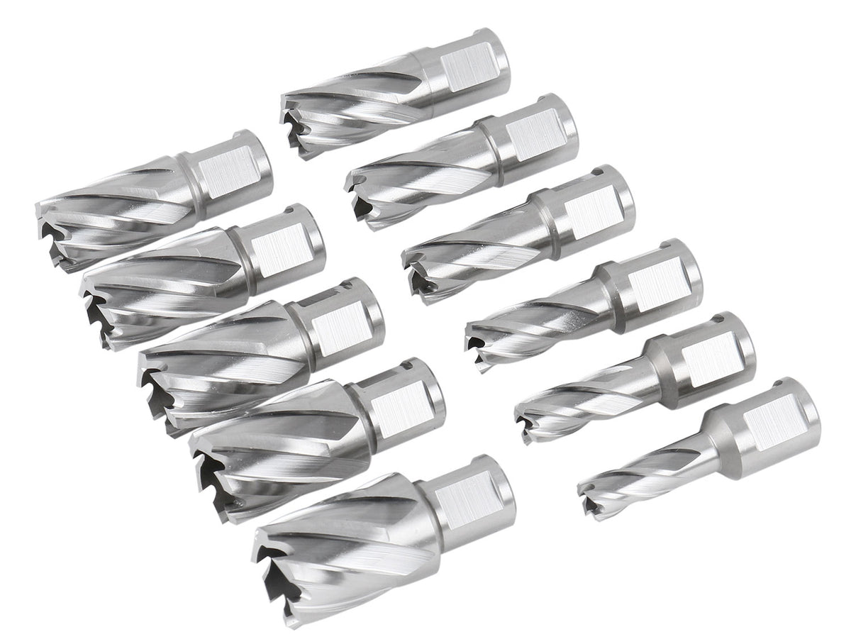 13 Pc 7/16'' to 1-1/16'' Hss Annular Cutters, 1'' Cutting Depth, 3/4'' Weldon Shank, with 2 Pilot Pins, Strong Box, N10