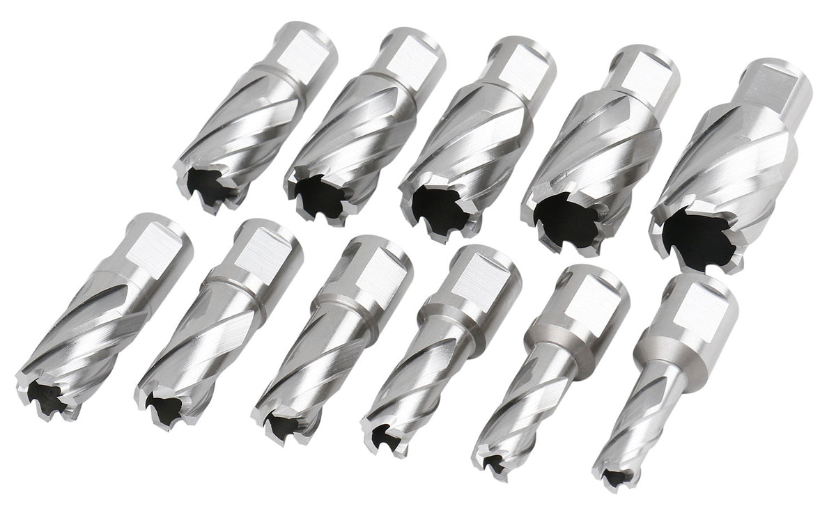 13 Pc 7/16'' to 1-1/16'' Hss Annular Cutters, 1'' Cutting Depth, 3/4'' Weldon Shank, with 2 Pilot Pins, Strong Box, N10