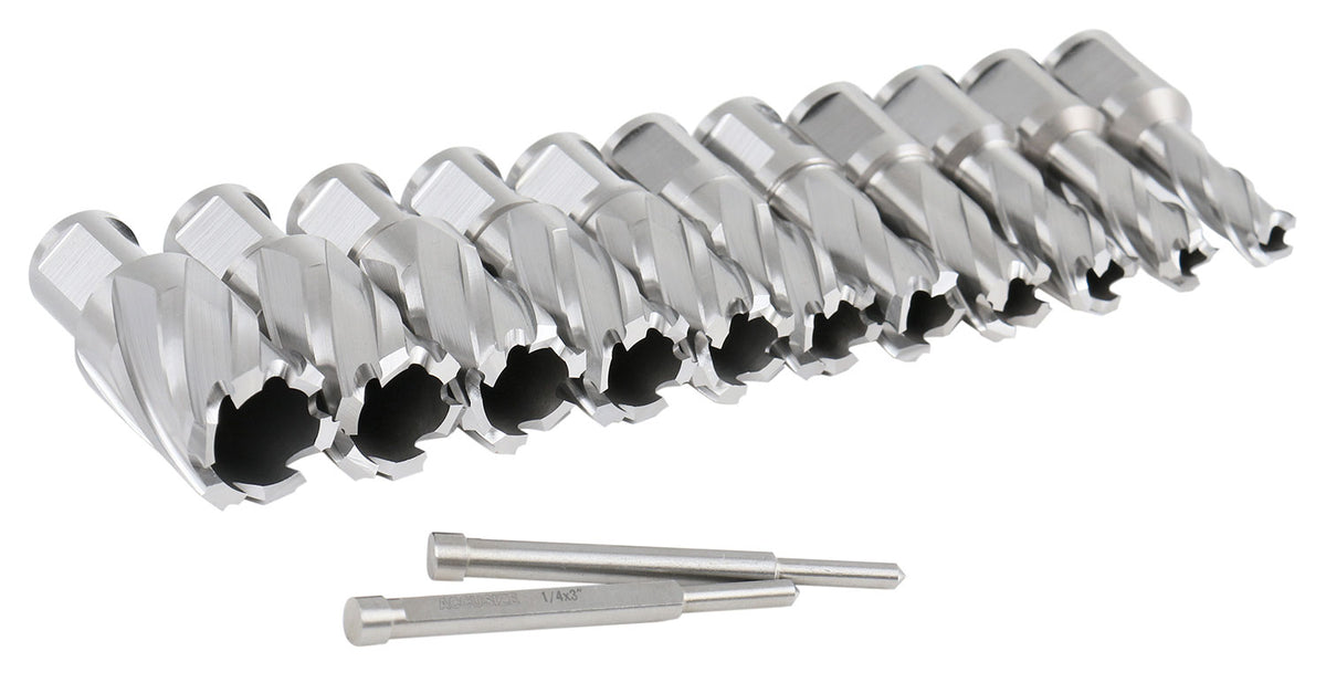 13 Pc 7/16'' to 1-1/16'' Hss Annular Cutters, 1'' Cutting Depth, 3/4'' Weldon Shank, with 2 Pilot Pins, Strong Box, N10