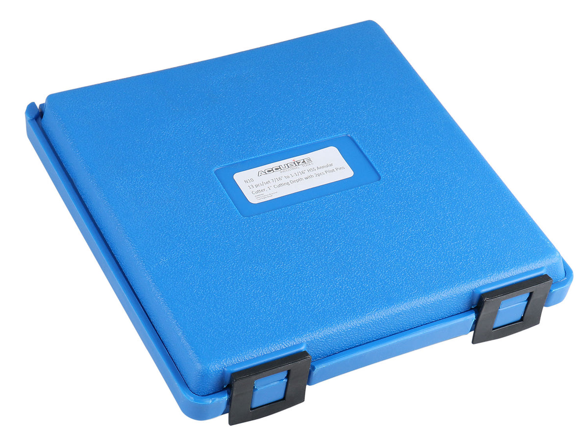 13 Pc 7/16'' to 1-1/16'' Hss Annular Cutters, 1'' Cutting Depth, 3/4'' Weldon Shank, with 2 Pilot Pins, Strong Box, N10