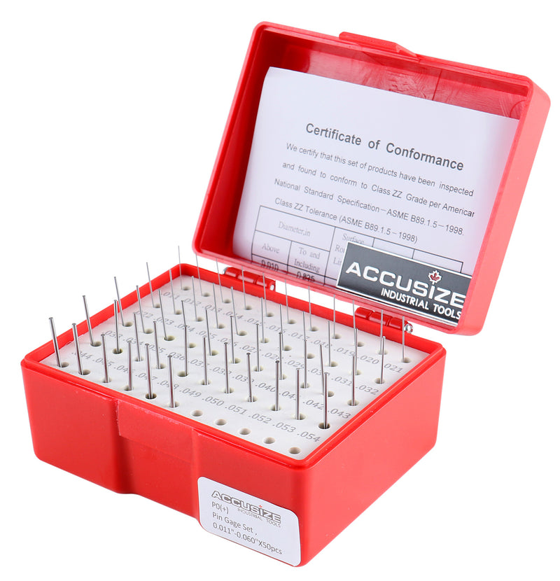Accusize Industrial Tools 0.011''-0.060'', 50 Pc Steel Plug Pin Gage Set, Plus, Class Zz, P0(+)
