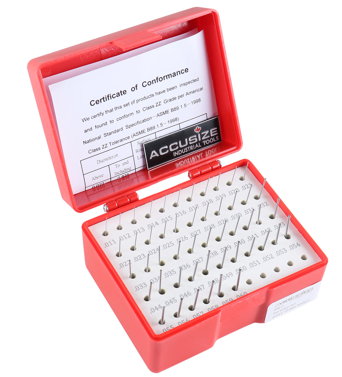 Accusize Industrial Tools 0.011''-0.060'', 50 Pc Steel Plug Pin Gage Set, Plus, Class Zz, P0(+)