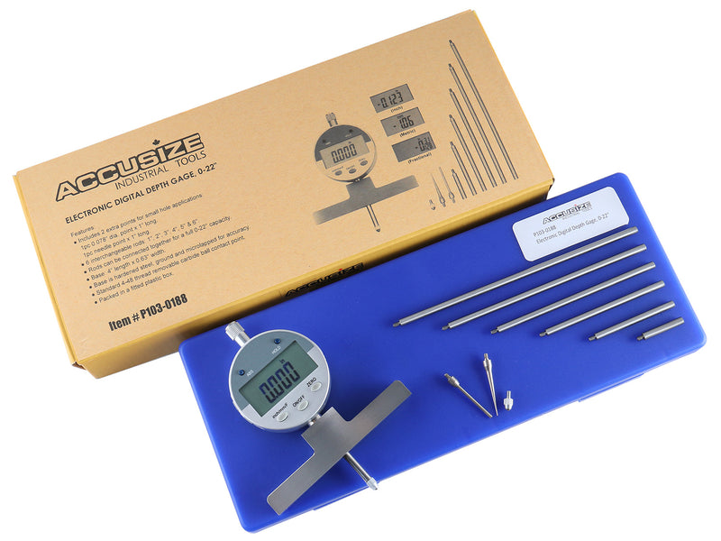 '- 0-22 inch Electronic Digital Depth Gauge, Inch/Metric/Fractional, 2 Extra Points for Small Hole Applications, P103-0188