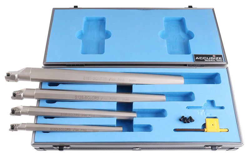 Sclcr 4 Pc Indexable Boring Bar Set, Without Inserts, Working with Ccmt 32.5 and Cctg 32.5 Inserts, 1/2", 5/8", 3/4", & 1",P252-S411