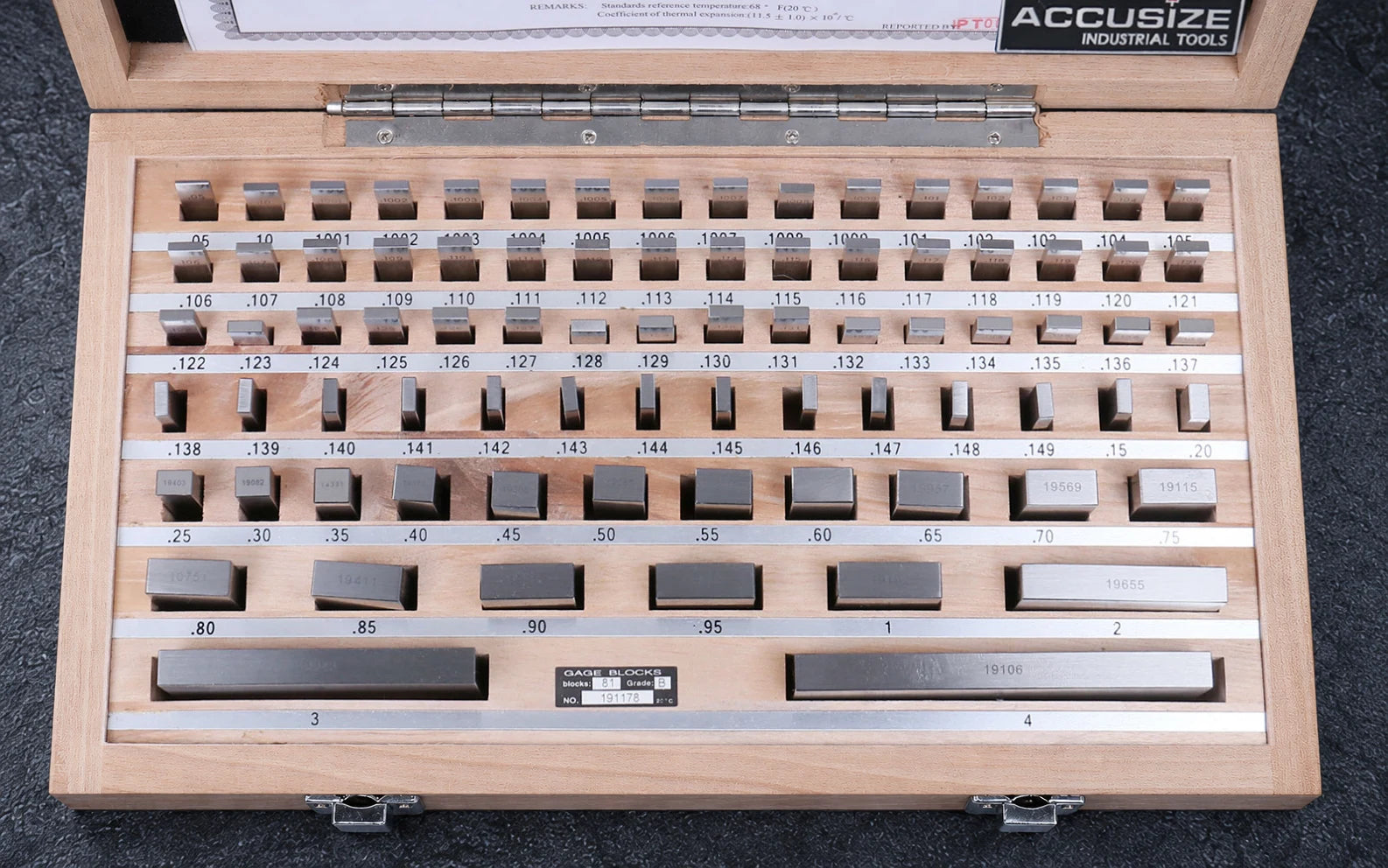 Accusize P900-S581 blocks with individual serial numbers in a fitted wooden case on granite